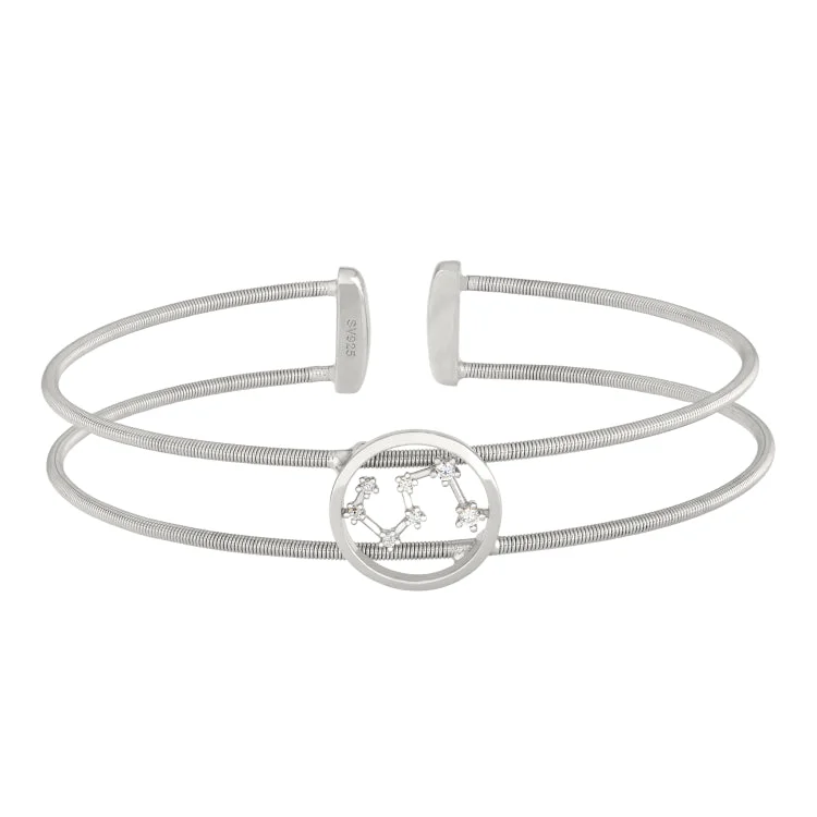 Ladies clustered gem bracelets -Rhodium Finish Sterling Silver Cable Cuff Constellation Bracelet with Simulated Diamonds - Leo