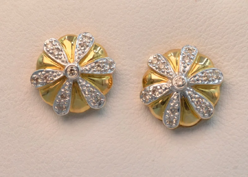 Ladies Earrings for Mentor Shine-14K yellow gold post earrings with pave diamond trims.