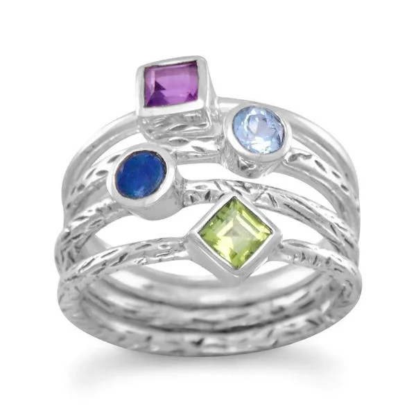 Ladies Rings with Vibrant Stones-Sterling Silver Amethyst, Blue Topaz, Opal & Peridot Textured 4 Band Ring Set