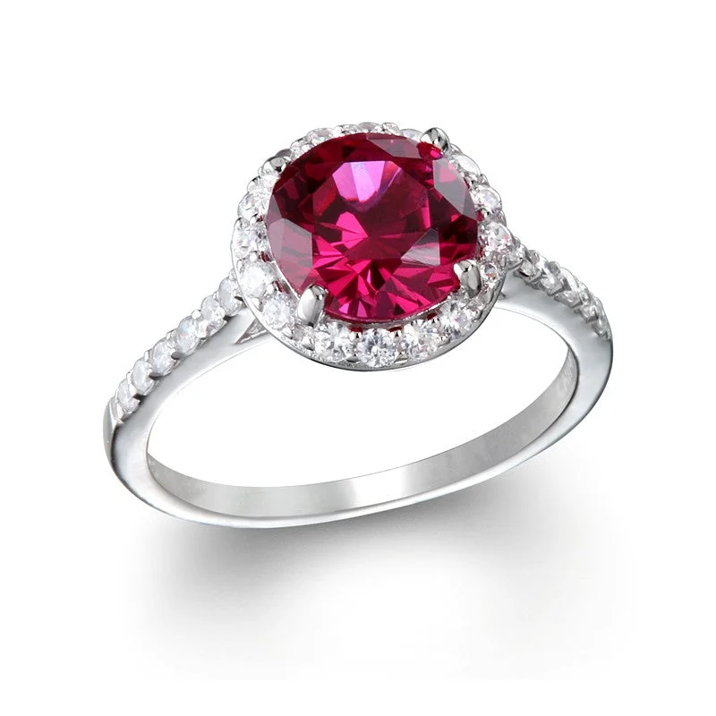 Ladies Rings with Nebula Shine-Sterling Silver Created Ruby Round & CZ Halo Ring