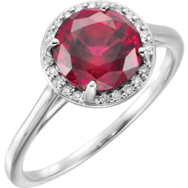 Ladies Rings with White Thaumasite-14k Gold Lab Grown 8mm Round Ruby & Diamond Halo Ring