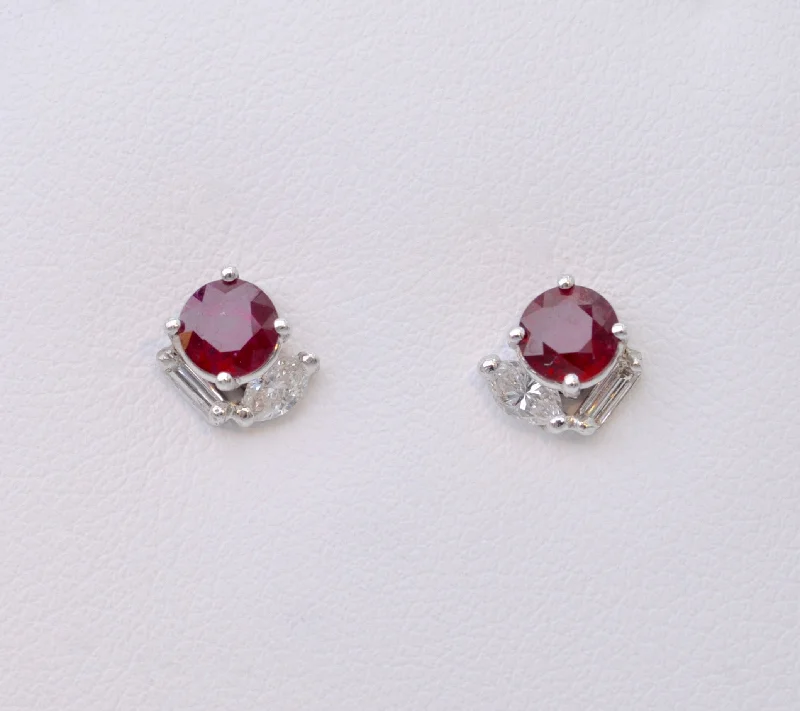 Ladies Earrings with Cross Spark-Ruby and Diamond Stud Earrings in 14K White Gold