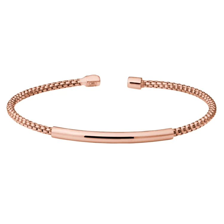 Ladies mountain peak bracelets -Rose Gold Finish Sterling Silver Rounded Box Link Cuff Bracelet with High Polished Bar