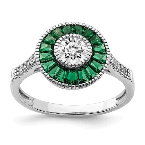 Ladies Rings for Teacher Glow-Sterling Silver Created Green Spinel And CZ Halo Ring