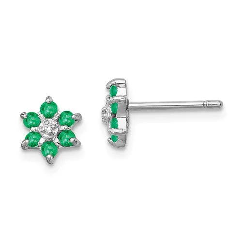 Ladies Earrings with Red Spinel-Sterling Silver Genuine Emerald And Diamond Post Earrings