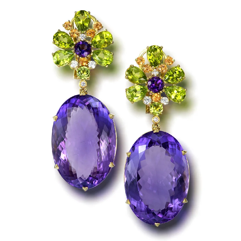 Ladies Earrings with Bronze Enstatite-Gold Blossom Drop Earrings with Oval Amethyst & Peridot