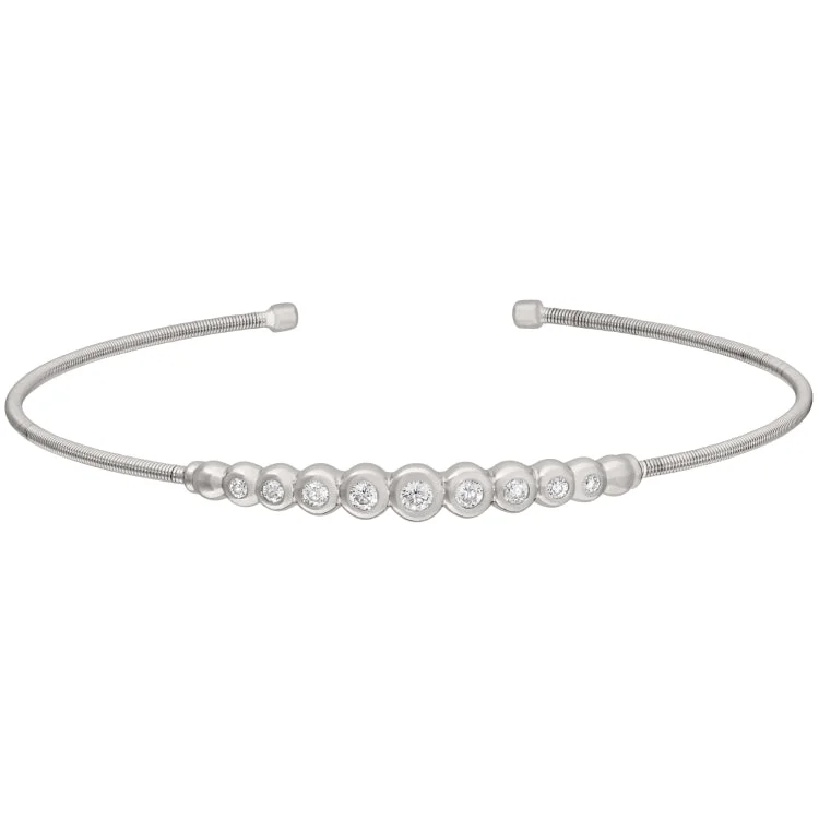 Ladies chakra alignment bracelets -Rhodium Finish Sterling Silver Cable Cuff Bracelet with Graduated Simulated Diamonds