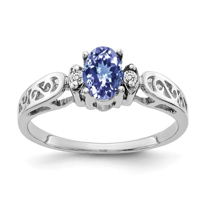 Ladies Rings Fresh Shine-14k White Gold 6x4mm Oval Tanzanite and Diamond Filigree Side Ring