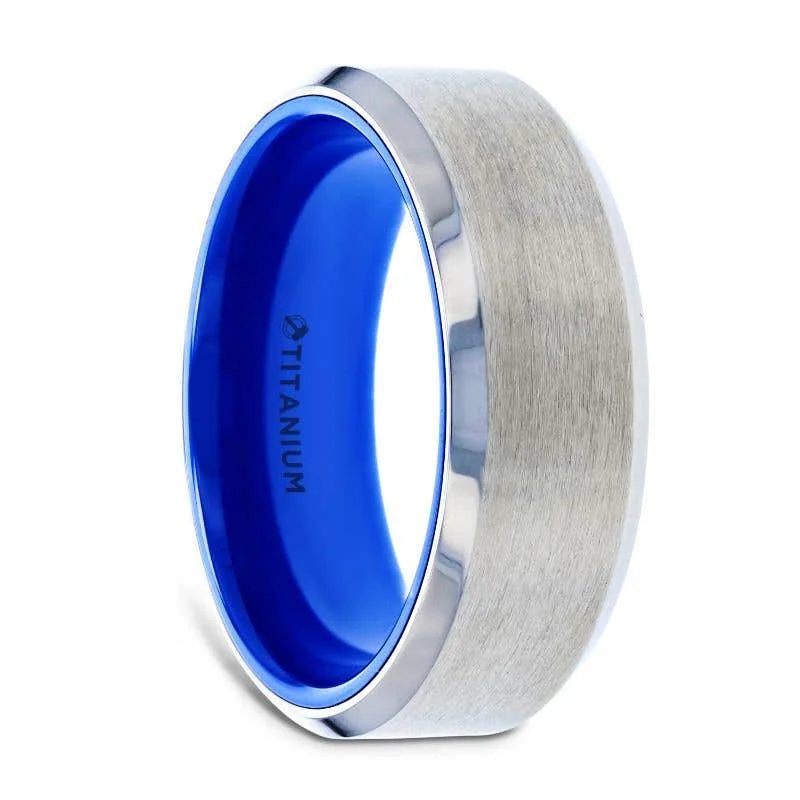 Ladies Rings with Blue Jeremejevite-Thorsten ARCTIC Flat Beveled Edges Titanium Ring with Brushed Center and Vibrant Blue Inside - 8mm