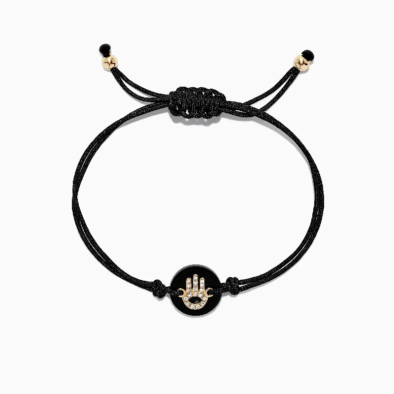 Ladies blissful charm bracelets -Novelty 14K Yellow Gold Onyx and Diamond Hamsa Bracelet, 2.74 TCW