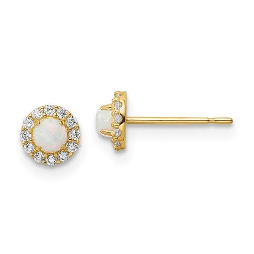 Ladies Earrings for Mom Spark-14k Gold Created Opal and CZ Halo Post Earrings