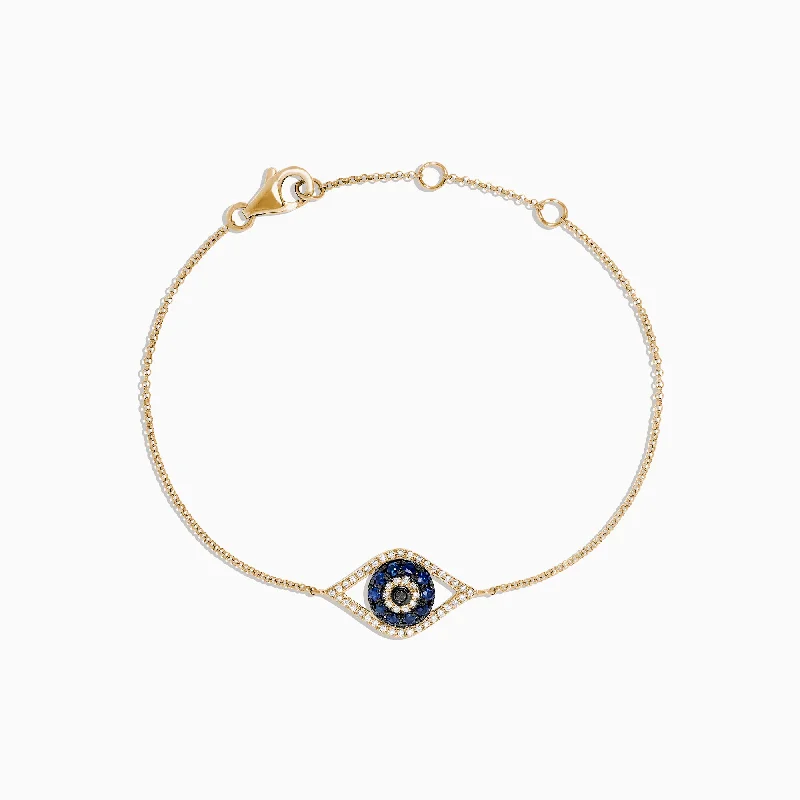 Ladies glowing warmth bracelets -Novelty 14K Yellow Gold Sapphire & Diamond Evil Eye Bracelet, 0.43 TCW