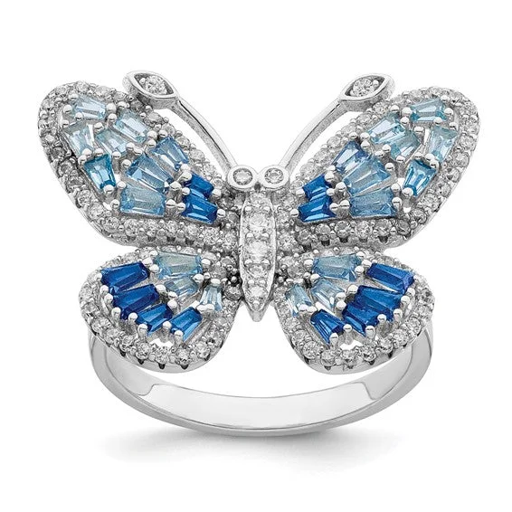 Ladies Rings with Crown Spark-Sterling Silver Blue and White CZ Butterfly Ring