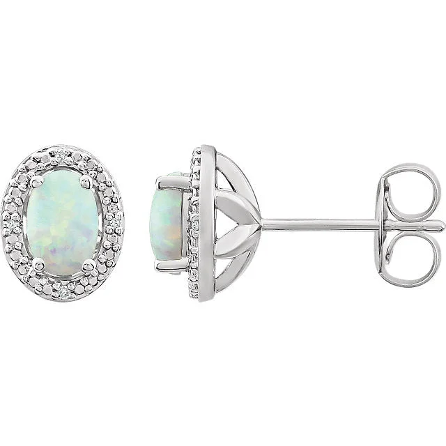 Ladies Earrings with Plum Axinite-Sterling Silver Oval Created Opal & .025 CTW Diamond Halo-Style Earrings