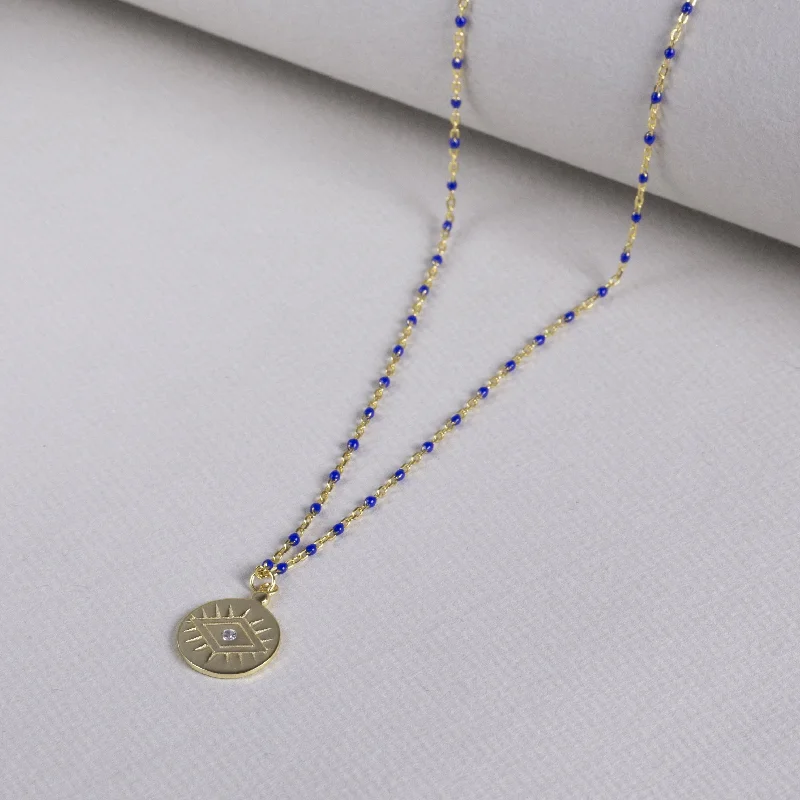 Urban sleek necklaces -Coin Pendant Necklace with Gold Chain and Blue Beads