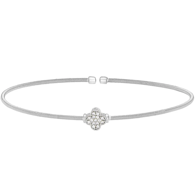 Ladies sleek bangle bracelets -Rhodium Finish Sterling Silver Cable Cuff Bracelet with Simulated Diamond Clover Design