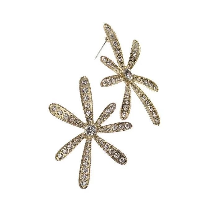 Ladies Earrings with White Leucite-Hot Tomato Firework Burst Studs in Worn Gold with Clear Crystals Earrings