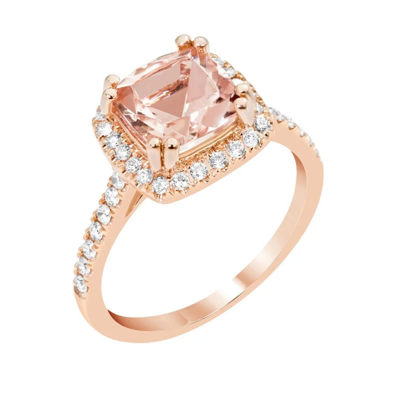 Ladies Rings with White Phenakite-14k Rose Gold 8mm Princess Cushion Morganite & Diamond Halo Ring