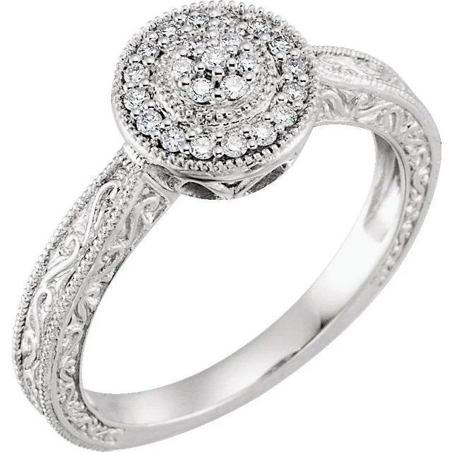 Ladies Rings Classic Shine-10K White Gold 1/6 CTW Diamond Multi Stone Halo Filigree Carved Promise Ring