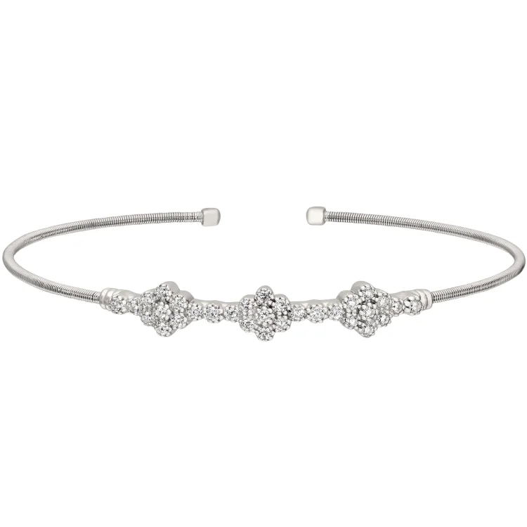 Ladies inspiring gleam bracelets -Rhodium Finish Sterling Silver Cable Cuff Bracelet with Three Clusters of Simulated Diamonds