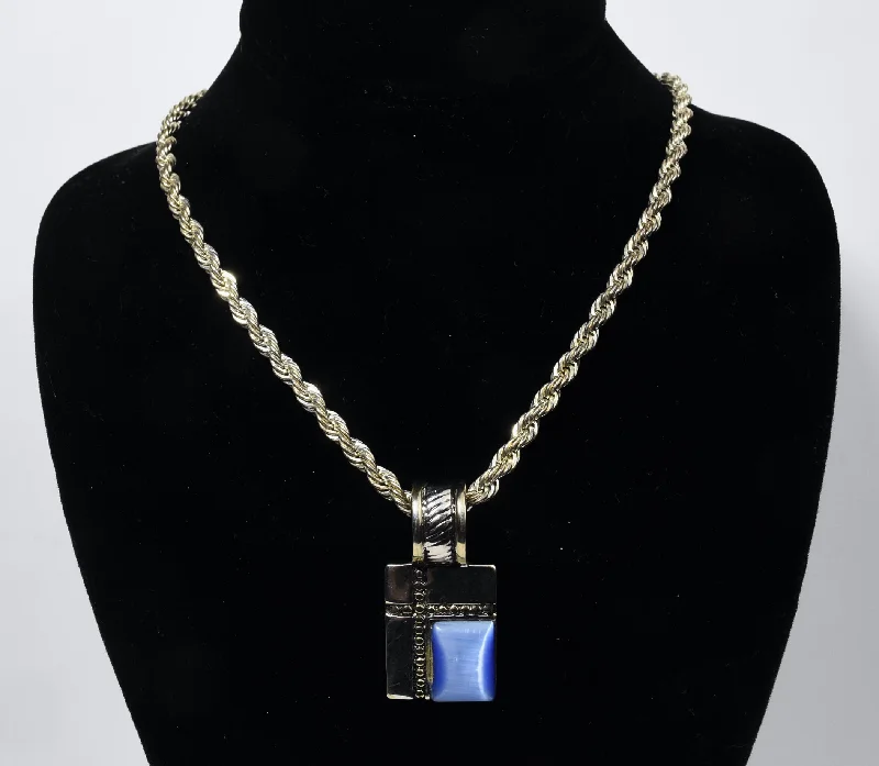 Enchanted glow necklaces -Heavy Sterling Silver Rope Chain Link Necklace with Silver Tone Simulated Kyanite Pendant - 24"