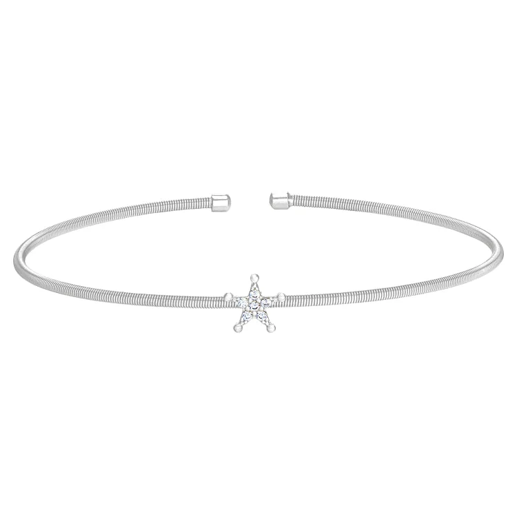 Ladies radiant pulse bracelets -Rhodium Finish Sterling Silver Cable Cuff Star Bracelet with Simulated Diamonds