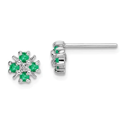 Ladies Earrings for Grandma Spark-Sterling Silver Genuine Emerald And Diamond Post Earrings