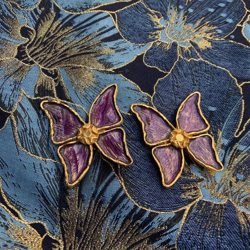 Ladies Earrings Crafted Glow-YSL Butterfly Earrings Purple Enamel Yves Saint Laurent Clip on