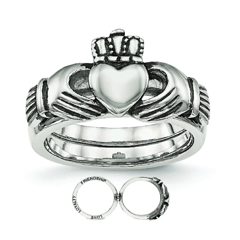 Ladies Rings for Kin Glow-Stainless Steel Love, Loyalty, Friendship Claddagh Double Hinged Ring