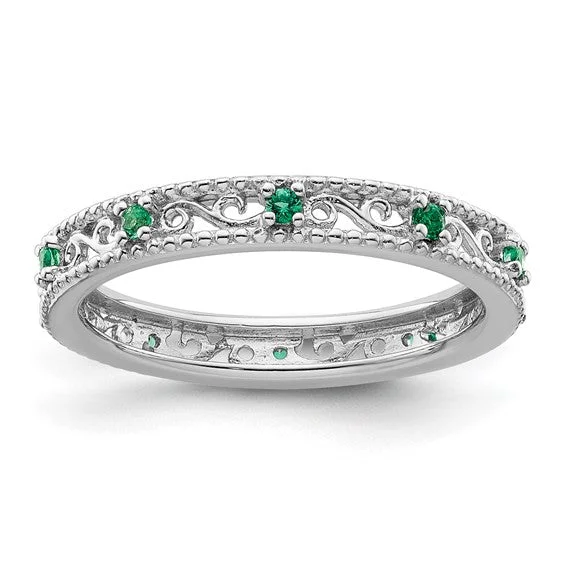 Ladies Rings with Milky Moonstone-Sterling Silver Stackable Expressions Created Emerald Filigree Ring