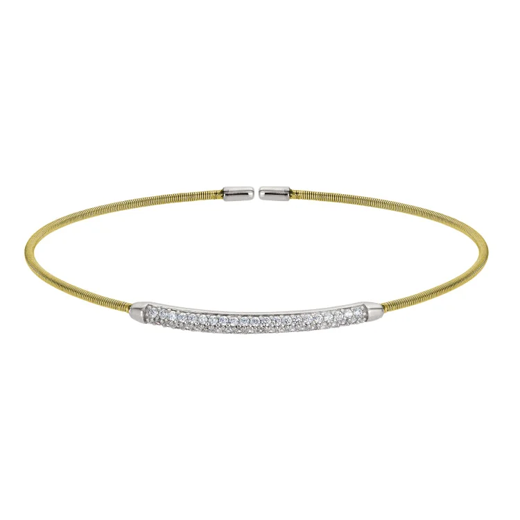 Ladies inscribed personalized bracelets -Gold Finish Sterling Silver Single Cable Cuff Bracelet with Rhodium Finish Double Row Simulated Diamonds