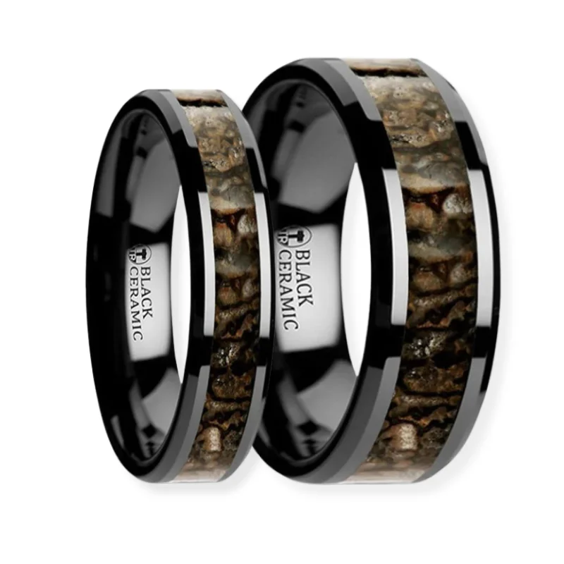 Ladies Rings Stackable Spark-Thorsten SILURIAN Dinosaur Bone Inlaid Black Ceramic Beveled Edged Ring 4 - 8mm