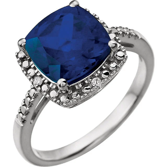 Ladies Rings with Teal Chrysocolla-14k White Gold 9mm Cushion Cut Created Blue Sapphire & Diamond Halo-Style Ring