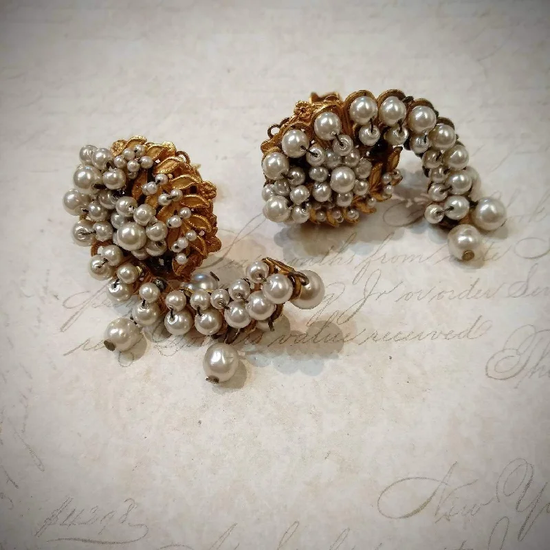 Ladies Earrings for Writer Shine-Miriam haskell vintage cluster pearl clip on earrings