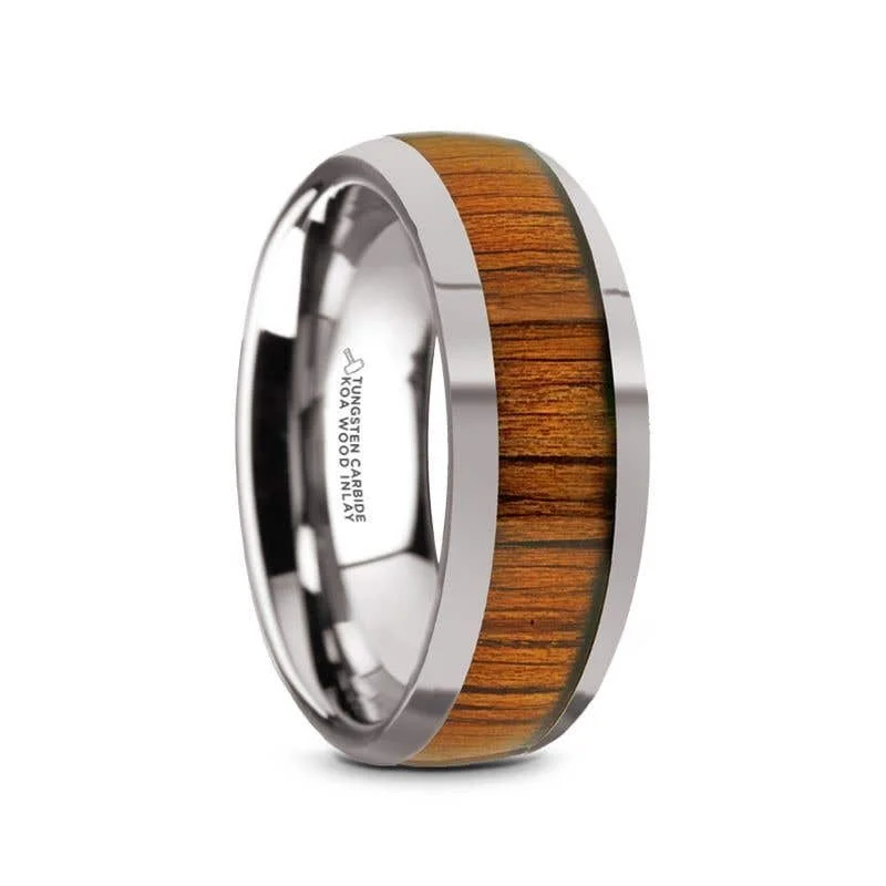 Ladies Engagement Rings with Cavansite Glow-Thorsten KAMEHA Tungsten Domed Profile Polished Finish Men’s Wedding Ring with Koa Wood Inlay - 8mm