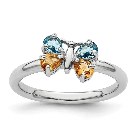 Ladies Rings with Round Glow-Sterling Silver Stackable Expressions Blue Topaz & Citrine Butterfly Ring