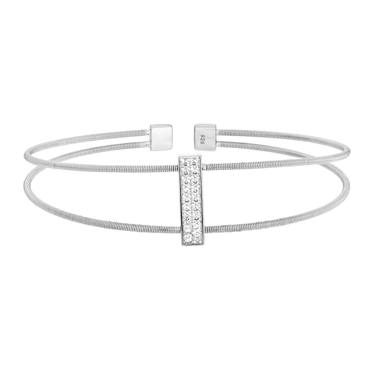 Ladies quirky gleam bracelets -Rhodium Finish Sterling Silver Two Cable Cuff Bracelet with Rhodium Finish Simulated Diamond Double Row Vertical Bar