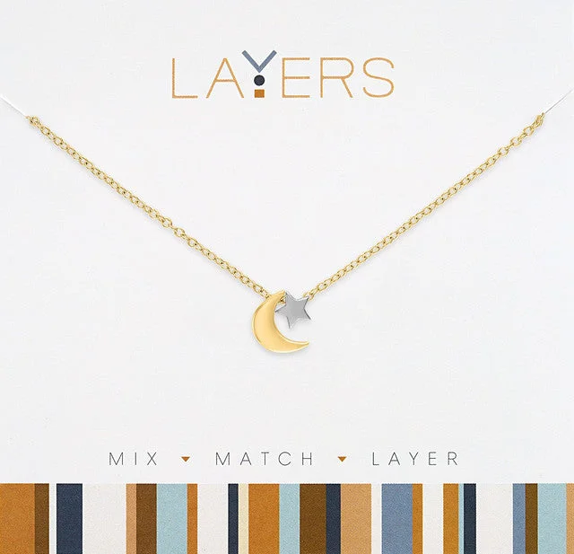 Zirconia spark necklaces -Gold Two-Tone Moon & Star Layers Necklace