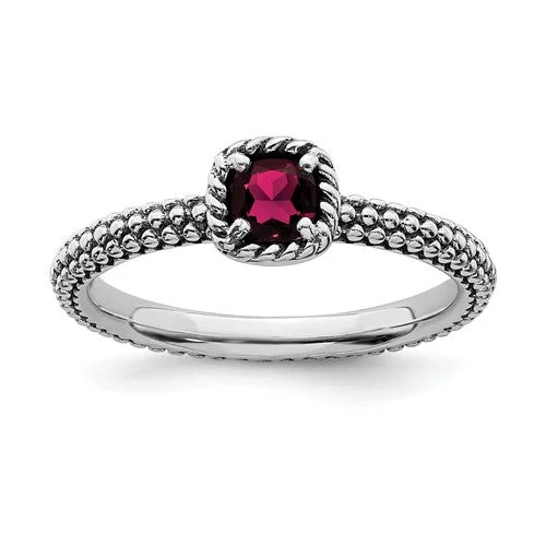 Ladies Rings for Bride Spark-Sterling Silver Stackable Expressions Cushion Cut Ruby Ring