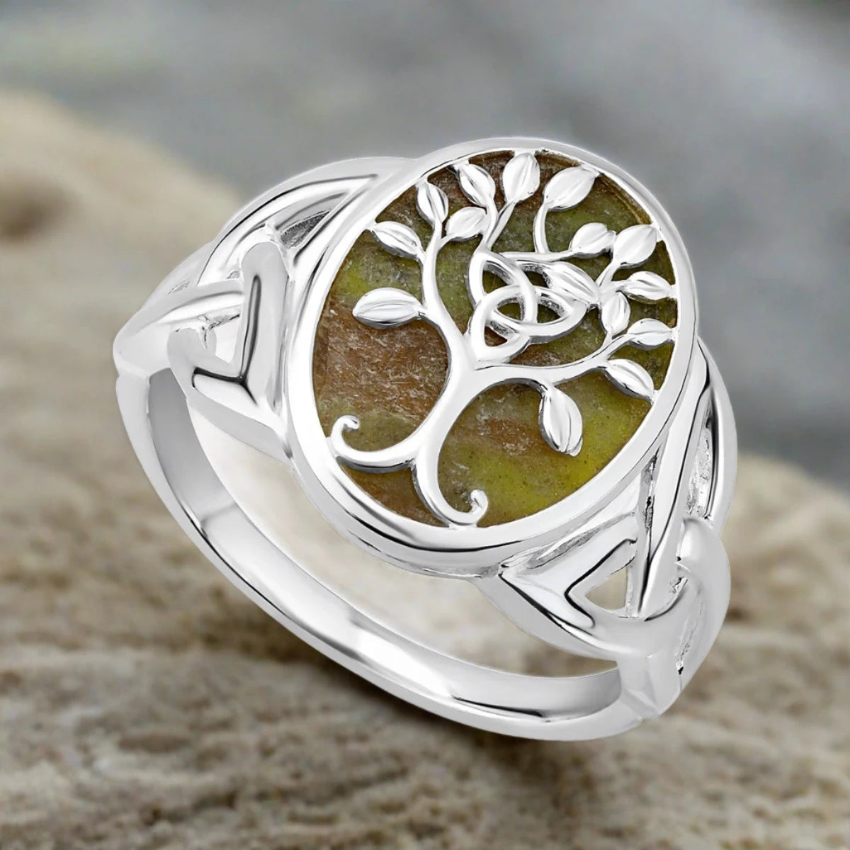 Ladies Rings with Spiral Glow-Silver Connemara Marble Tree Of Life Ring