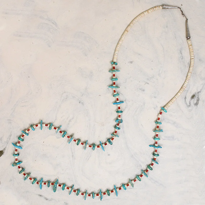 Glowing opal necklaces -Turquoise Tabs, Coral Tubes & Shell Heishi Bead Necklace