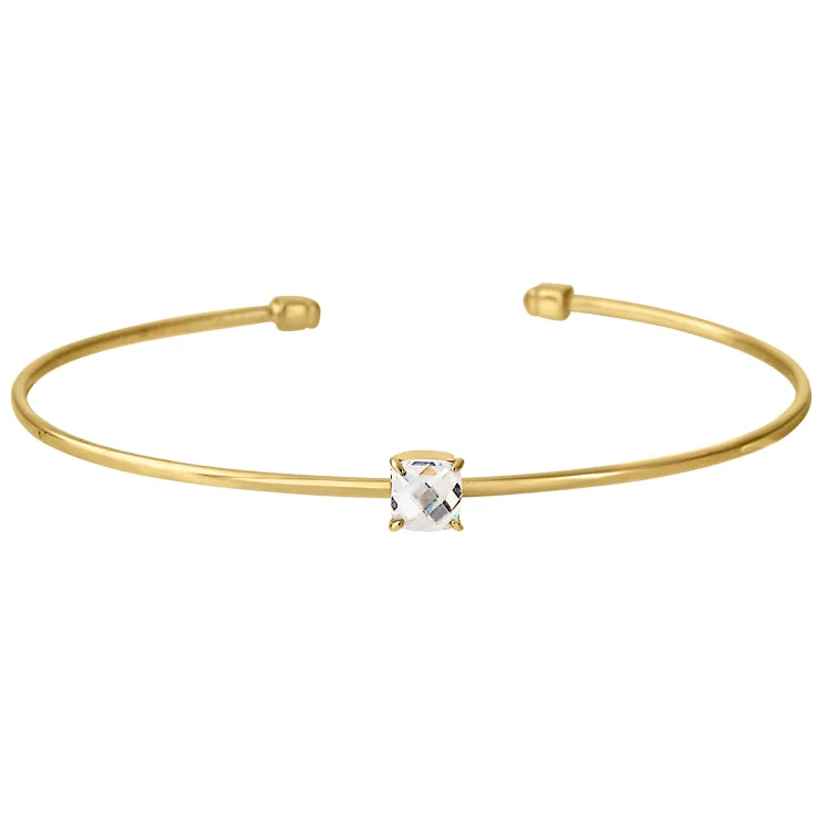 Ladies orbit charm bracelets -Gold Finish Sterling Silver Pliable Cuff Bracelet with Faceted Cushion Cut Simulated Diamond Birth Gem - April