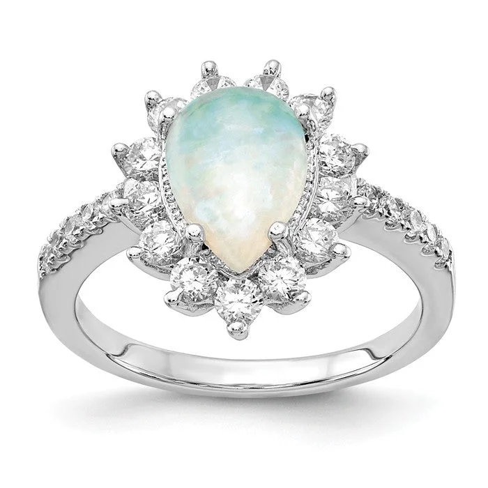 Ladies Rings for Grandma Spark-Cheryl M Sterling Silver Opal Pear Halo Ring