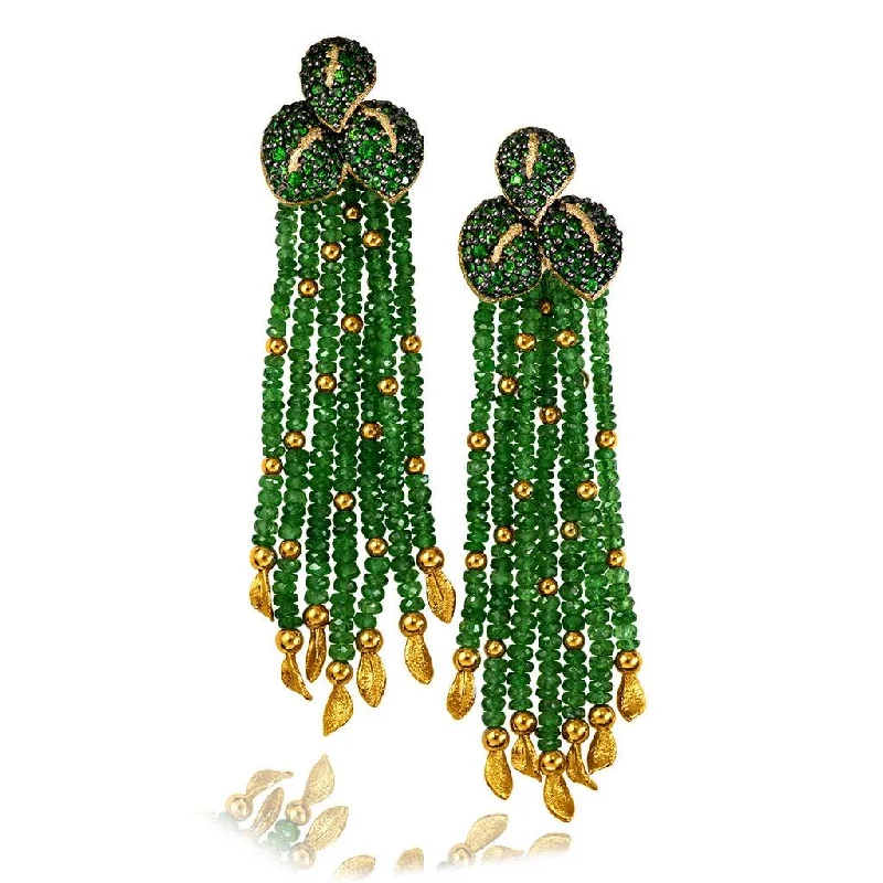 Ladies Earrings Simple Shine-Gold Sunflower Leaf Tassel Earrings with Tsavorites