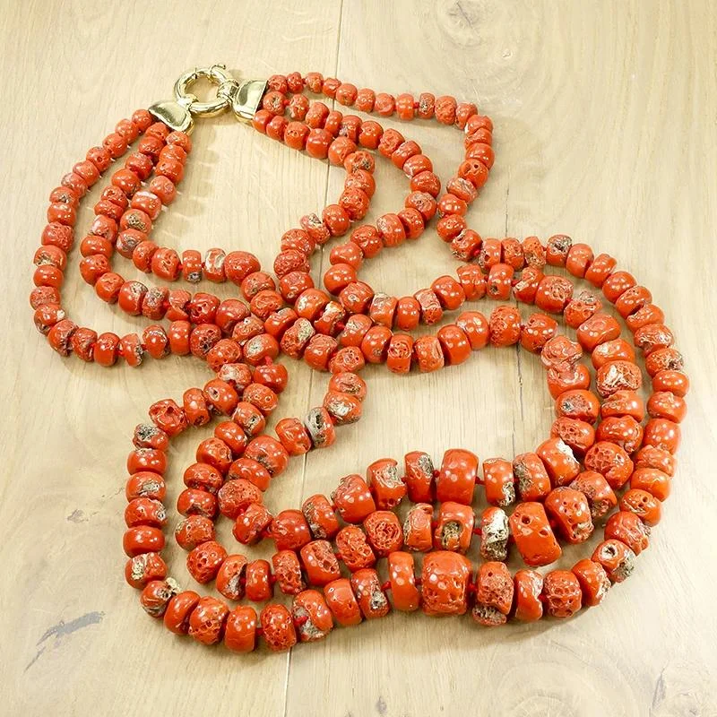 Cosmic fate necklaces -Three Strand Red Organic Bead Statement Necklace