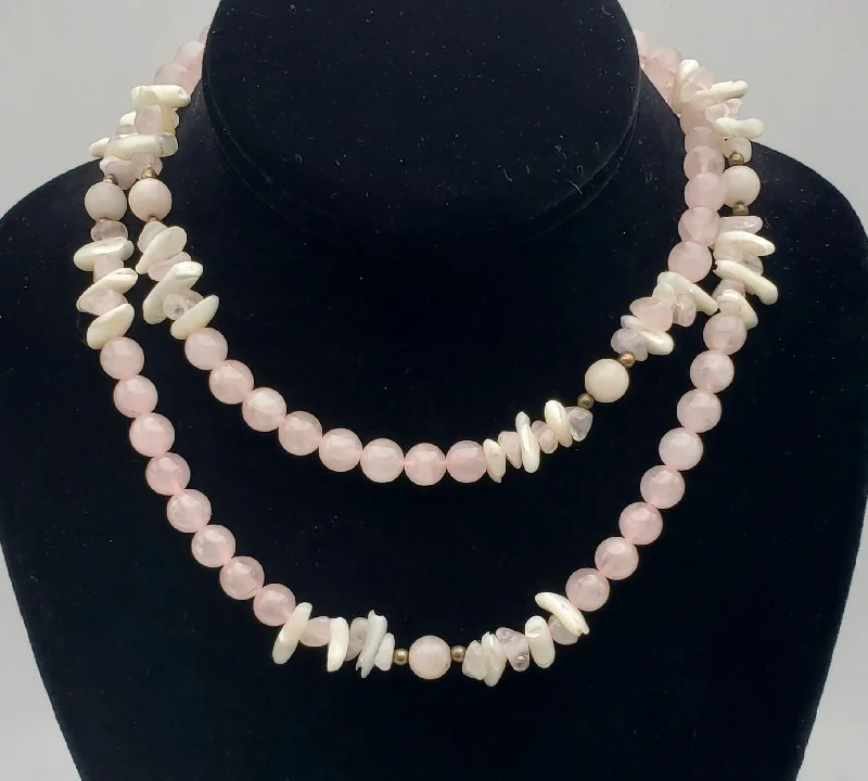 Chakra flow necklaces -Rose Quartz and Shell Bead Necklace - 32"