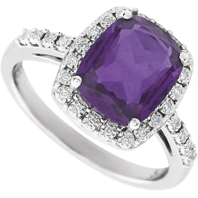 Ladies Rings with Pink Vivianite-14k White Gold 10x8 Antique Cushion Amethyst & Diamond Halo Ring