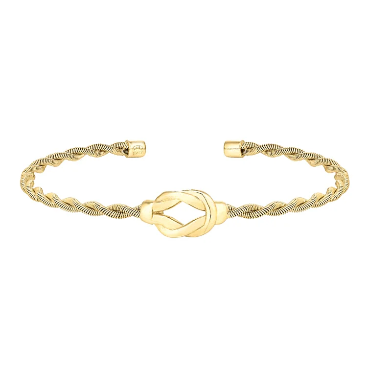 Ladies expansive wide bracelets -Gold Finish Sterling Silver Thin Tightly Twisted Cable Cuff Bracelet with Central Open Knot