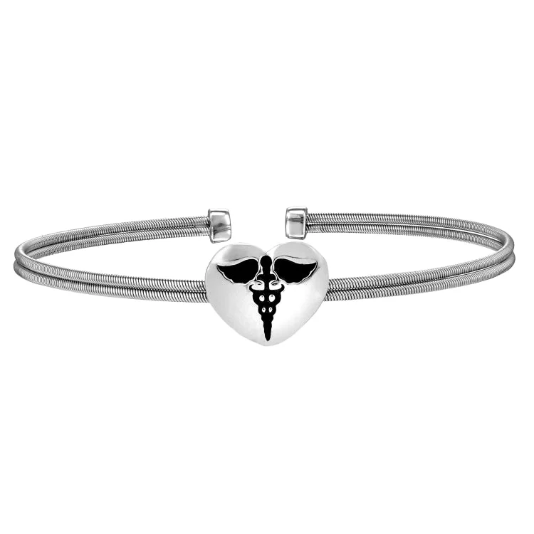 Ladies blooming floral bracelets -Rhodium Finish Sterling Silver Two Cable Cuff Bracelet with a Centeral Heart with a Caduceus.