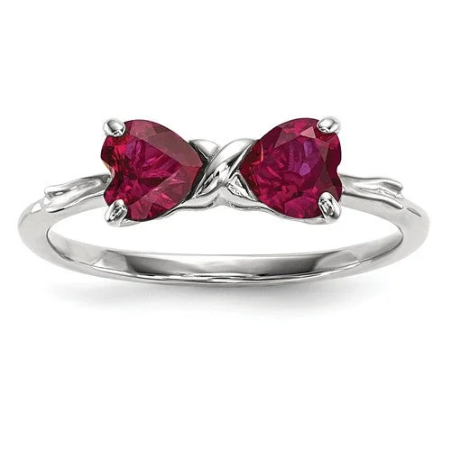 Ladies Rings Polished Glow-14k White Gold Created Ruby 2- Stone Heart Bow Ring